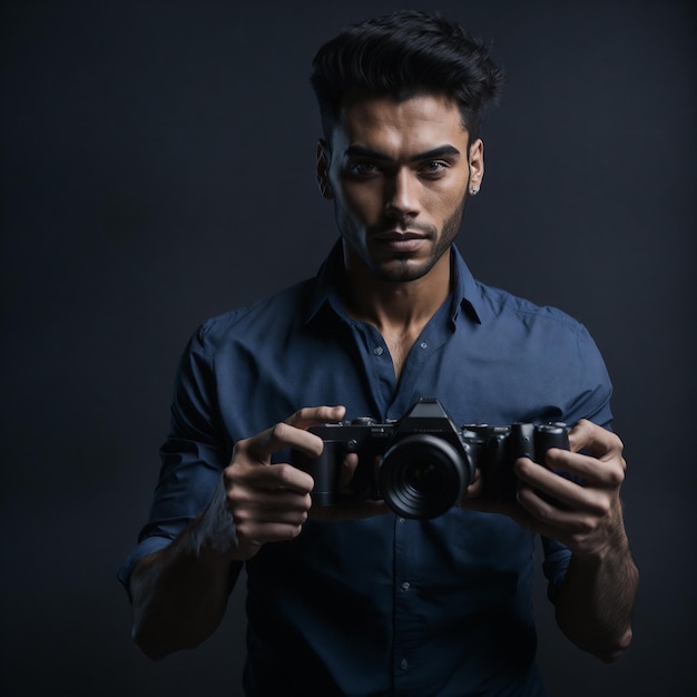 A man holding a camera in front of a dark background.