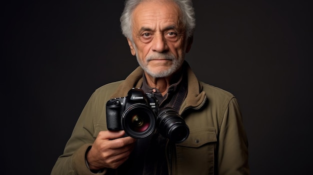 a man holding a camera with a camera in his hand.