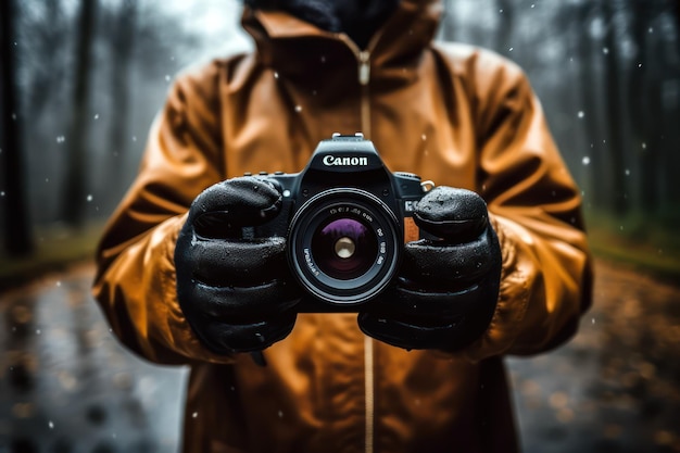 A man holding a canon camera in a forest