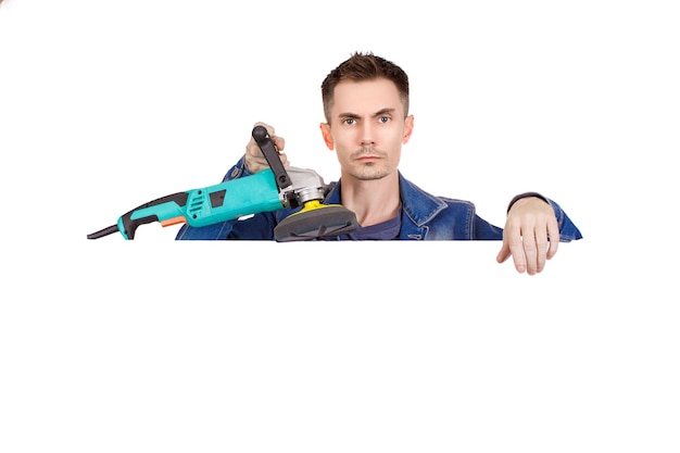 Man holding car polishing machine isolated