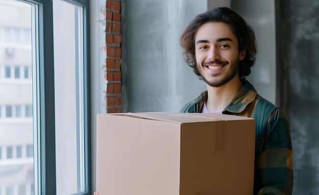 Man Holding Cardboard Box by Window Generative AI