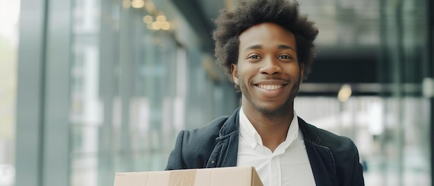 a man holding a cardboard box and smiling