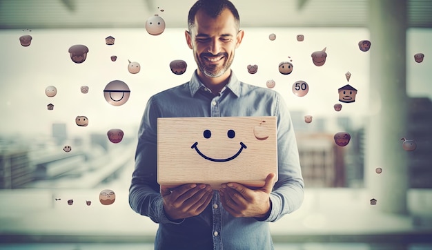 A man holding a cardboard box with a smiley face on it.