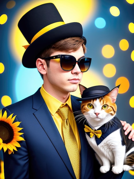 A man holding a cat and wearing a hat and sunglasses.