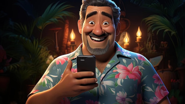세부적인 캐릭터 표현의 스타일로 하와이 셔츠에 드폰을 들고 있는 남자