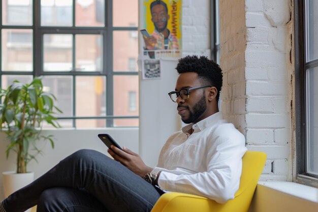 Man holding cell phone and sitting in an office