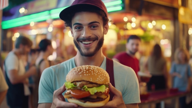 A man holding a cheeseburger at a food market