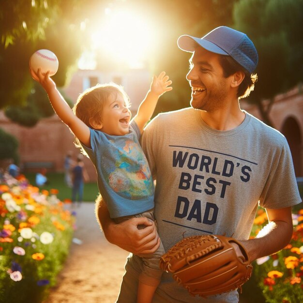 Foto un uomo che tiene in braccio un bambino e una camicia che dice 