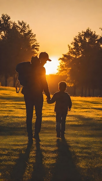 A man holding a child at sunset with trees in the background