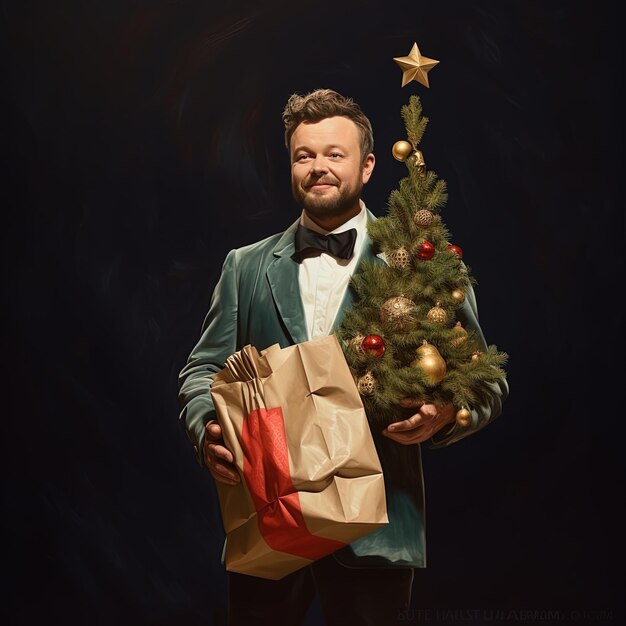 Photo a man holding a christmas tree and a star that says  christmas