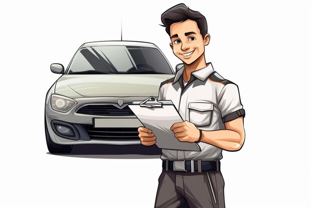 a man holding a clipboard and a car with the word  taxi  on it