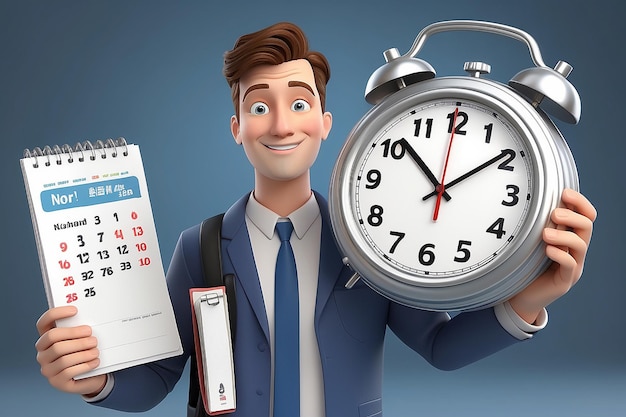 Man holding clock and calendar 3d rendered illustration