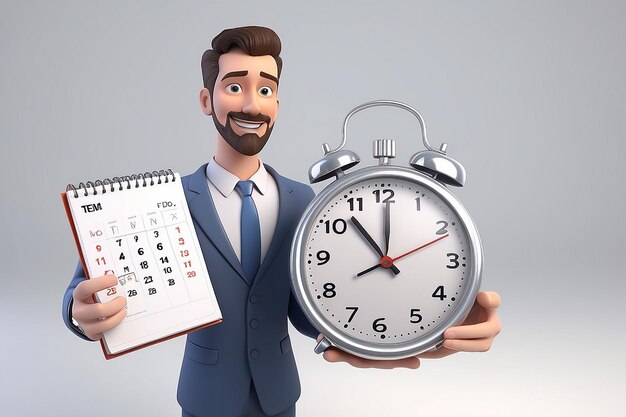 Man holding clock and calendar 3d rendered illustration