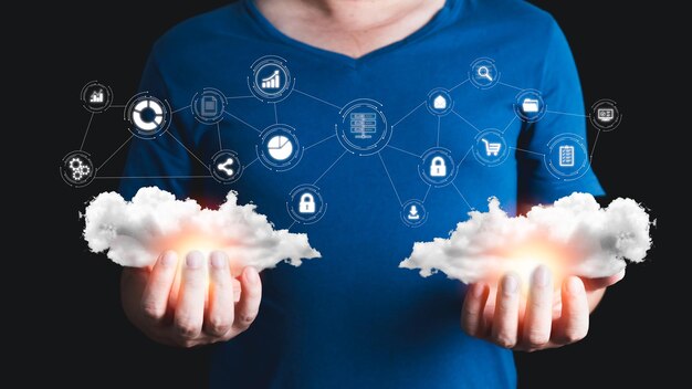 man holding cloud computing diagram show on hand data storagecloud technologysecure backup and consistency networking and internet service conceptimplementing storage technology in business