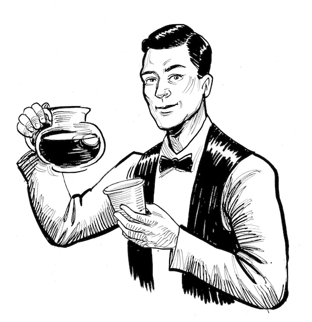 A man holding a coffee cup and a glass of coffee.