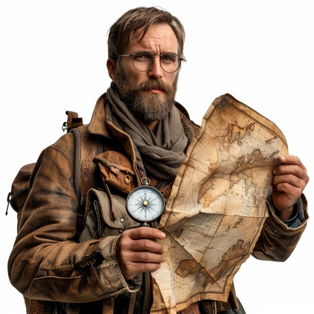 Photo a man holding a compass and a map