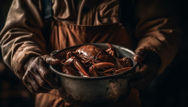 Фото Мужчина держит приготовленных ракообразных и готовит изысканные блюда из морепродуктов в помещении, созданные искусственным интеллектом