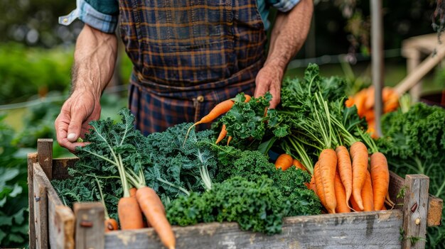 A man holding a crate bursting with fresh carrots