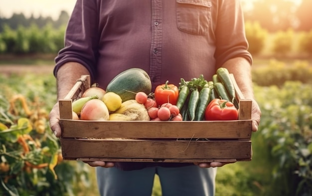 畑で野菜の入った木箱を持つ男性。