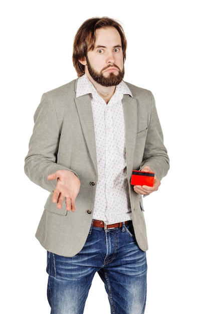 Man holding a credit card isolated on white background