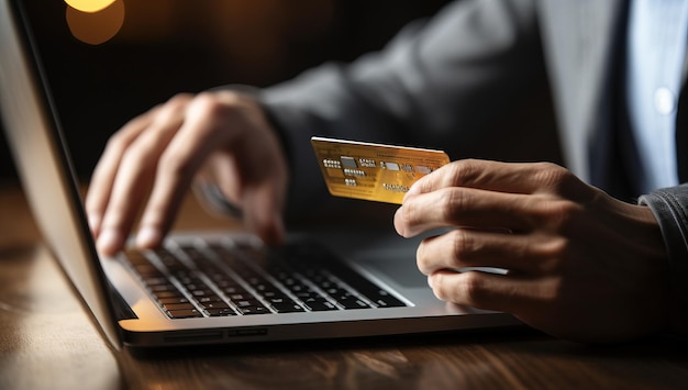 Man holding credit card and using laptop at table in cafe closeup