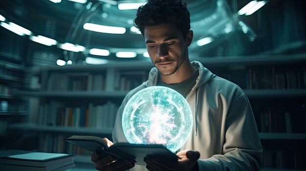 Foto uomo con una sfera di cristallo in mano guarda e predice il futuro giornata mondiale del libro