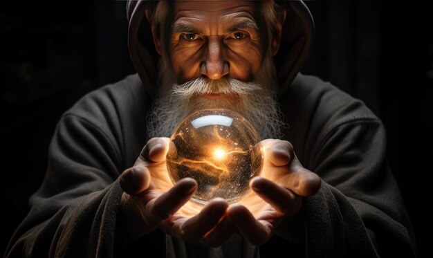 Photo a man holding a crystal ball in his hands