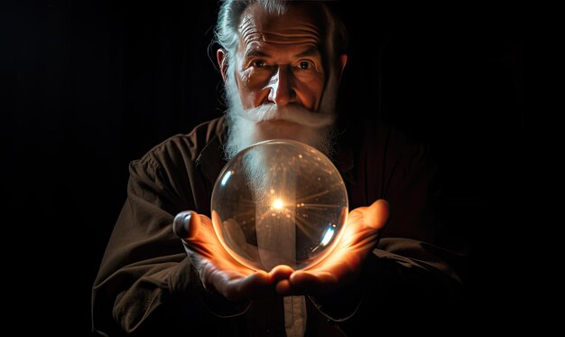 Photo a man holding a crystal ball in his hands