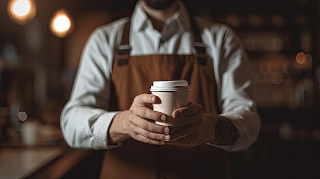 A man holding a cup of coffee in front of a counter.