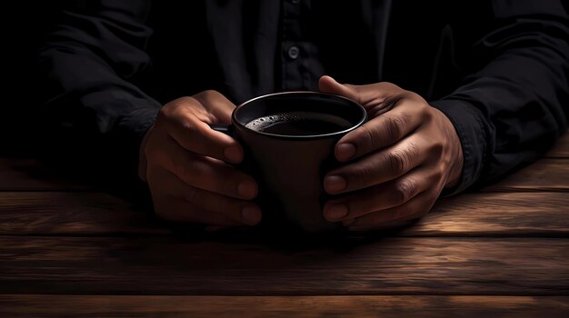 Man holding a cup of coffee on a wooden table in the dark