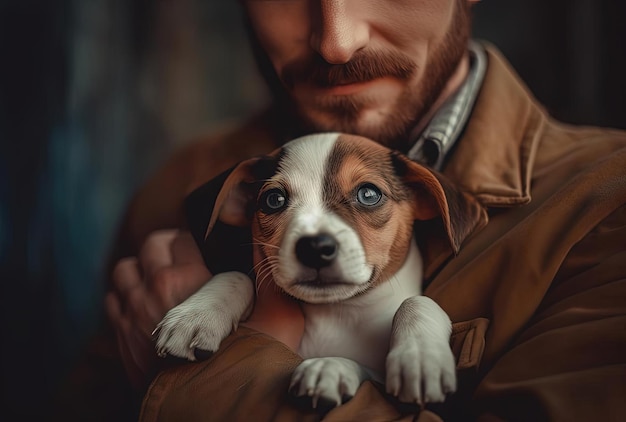 Man holding cute puppy Jack Russel in hands