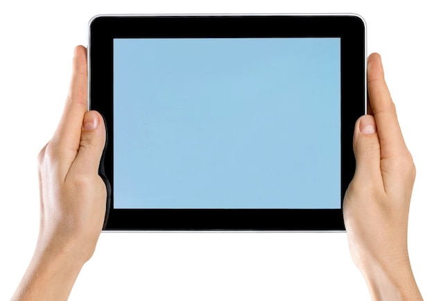 Man holding   digital tablet on background