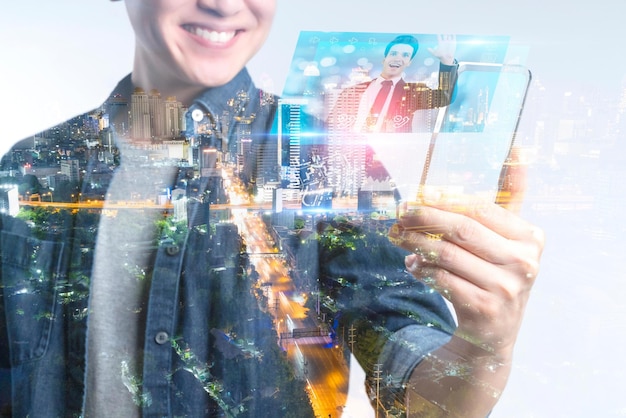 A man holding a digital tablet with the word smart on it