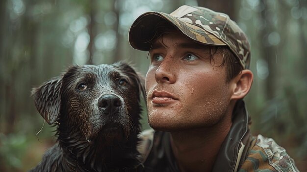 Man Holding Dog in the Woods