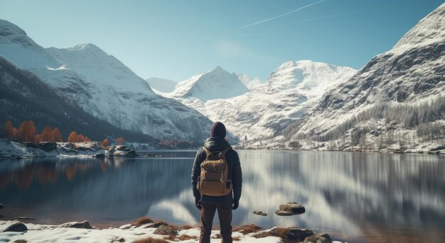 man holding a drone over a lake in a winter snow