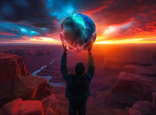 Photo man holding the earth in his hand