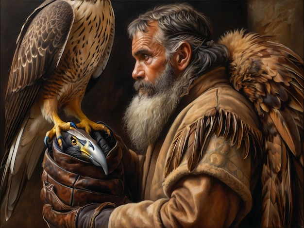 a man holding a falcon and a hawk