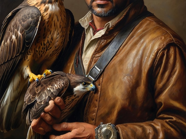 a man holding a falcon that has a hawk on his arm