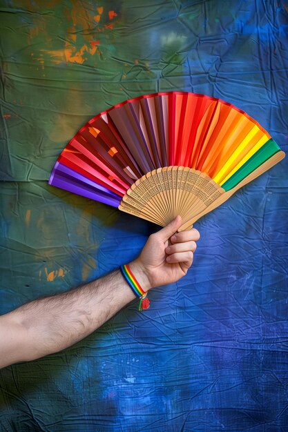 Foto un uomo che tiene un ventaglio con i colori dell'arcobaleno