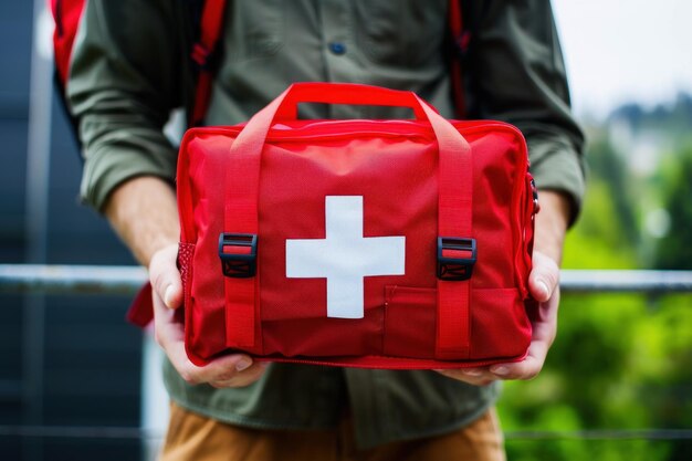 Foto uomo con una scatola di pronto soccorso