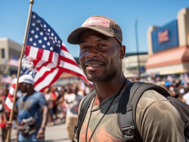 Man Holding Flag and Backpack