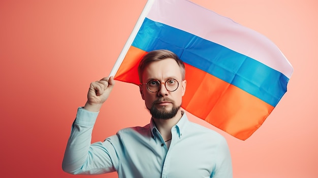 man holding flag of Russia