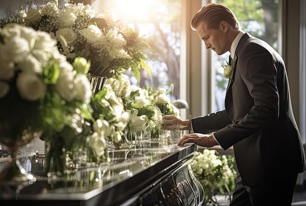 a man holding flower arrangements near a memorial at a funeral home in the style of light white and