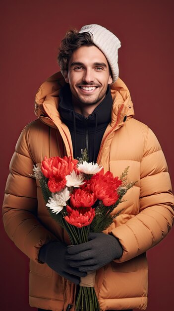 冬に花の花束を持った花屋の男性