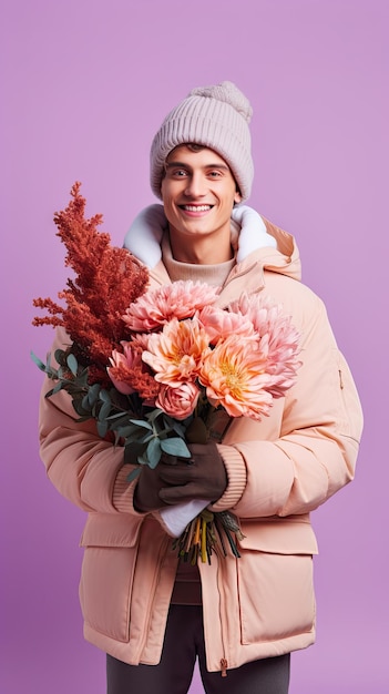 Мужчина держит букет цветов у флориста зимой