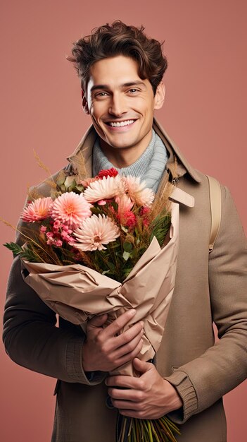 Man holding flower bouquet florist in winter