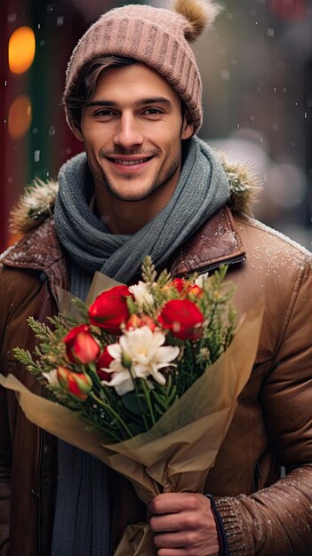 冬に花の花束を持った花屋の男性