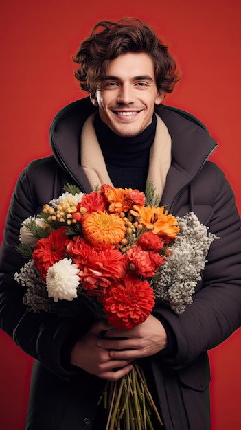 Man holding flower bouquet florist in winter