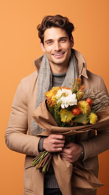 Man holding flower bouquet florist in winter