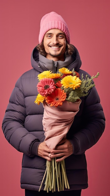 冬に花の花束を持った花屋の男性